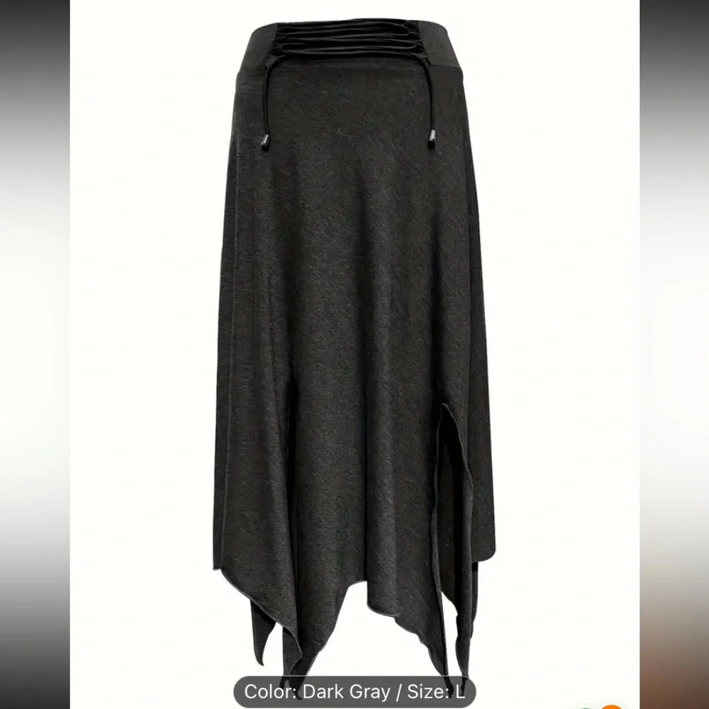 NEW Women’s Dark Gray Drawstring Waist Asymmetrical Hem Skirt - Picture 2 of 8